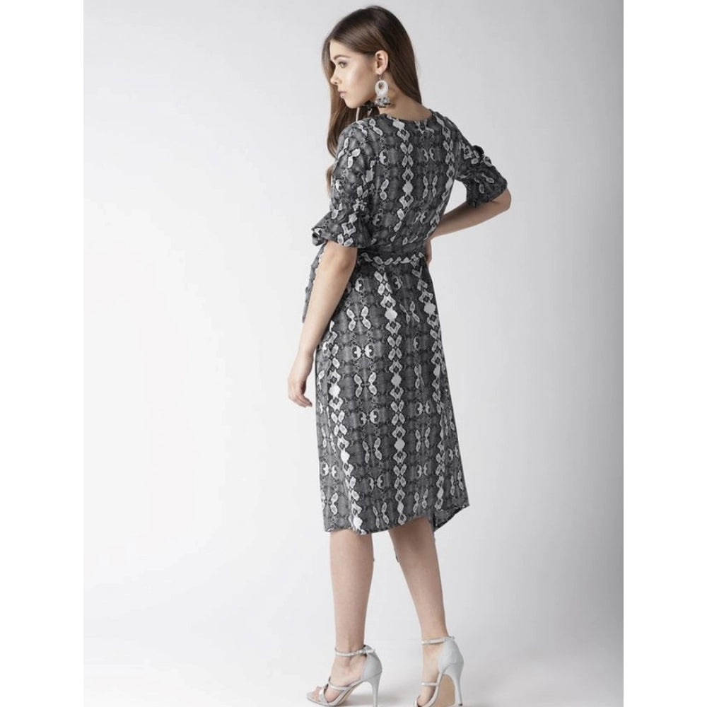 Indoraa Women's Polyester Animal Print Short Sleeve Knee-Length Dress (Black - White)