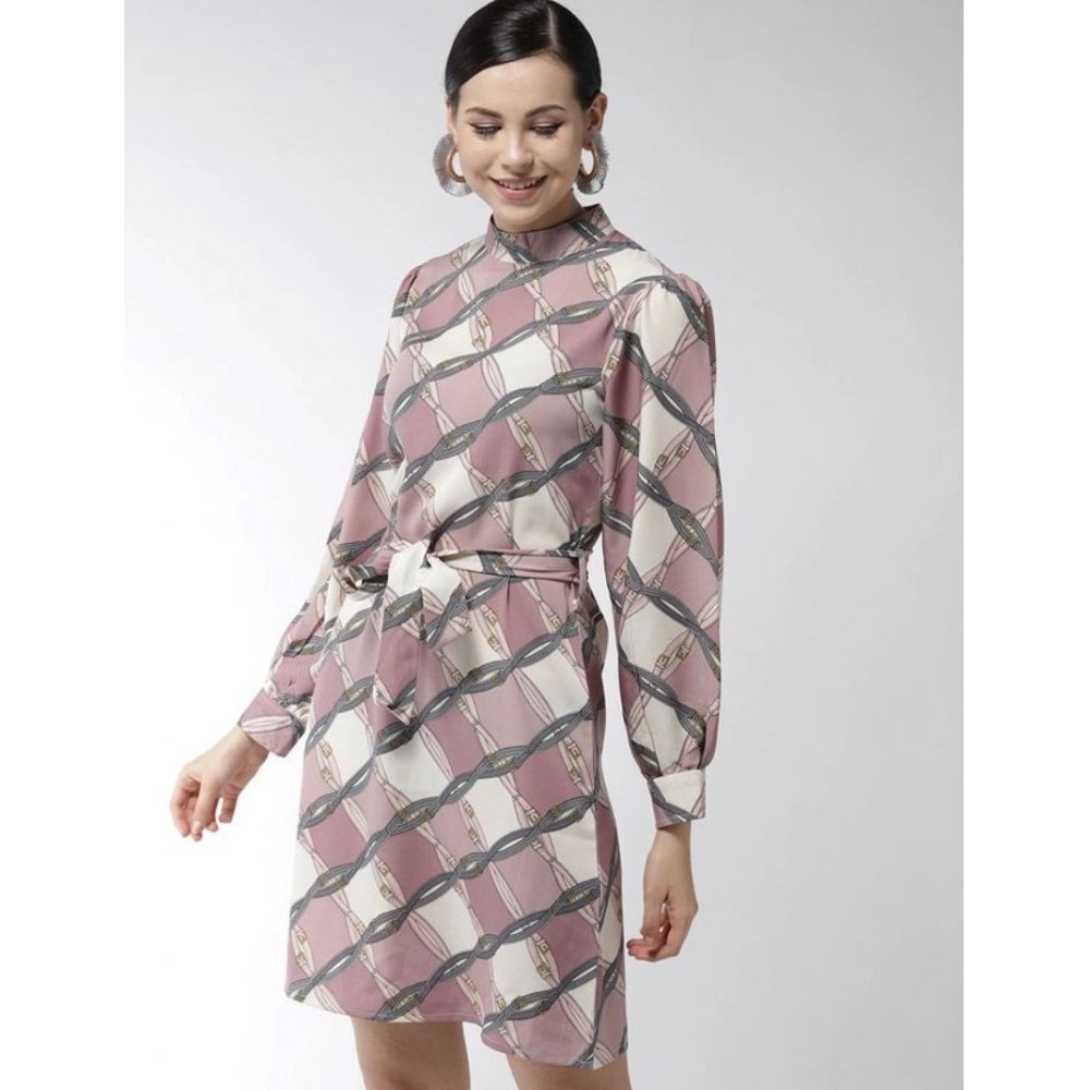 Indoraa Women's Polyester Checkered Long Sleeves Above Knee Dress (Off White - Lavender)