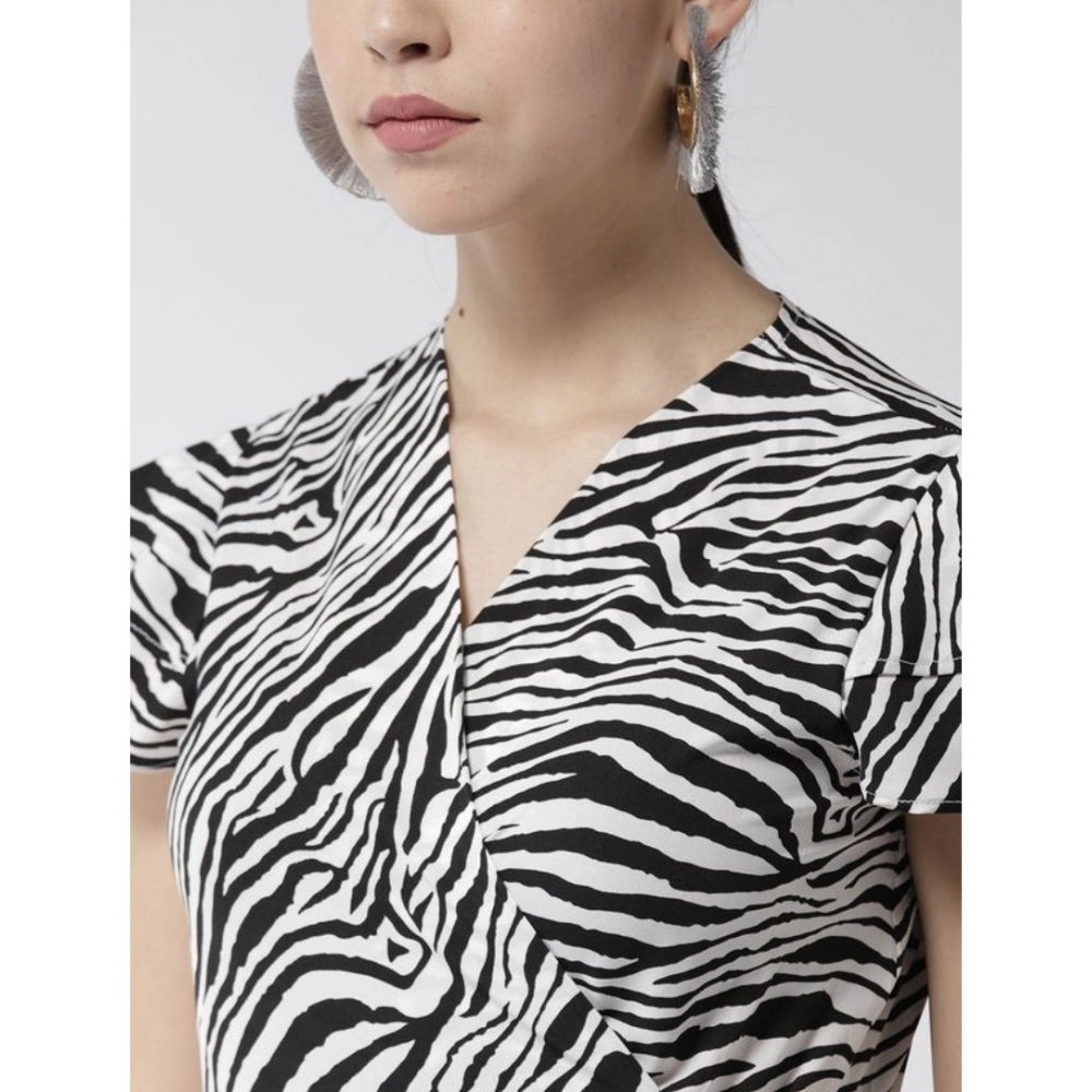 Indoraa Women's Polyester Animal Print Short Sleeve Knee-Length Dress (Black - White)