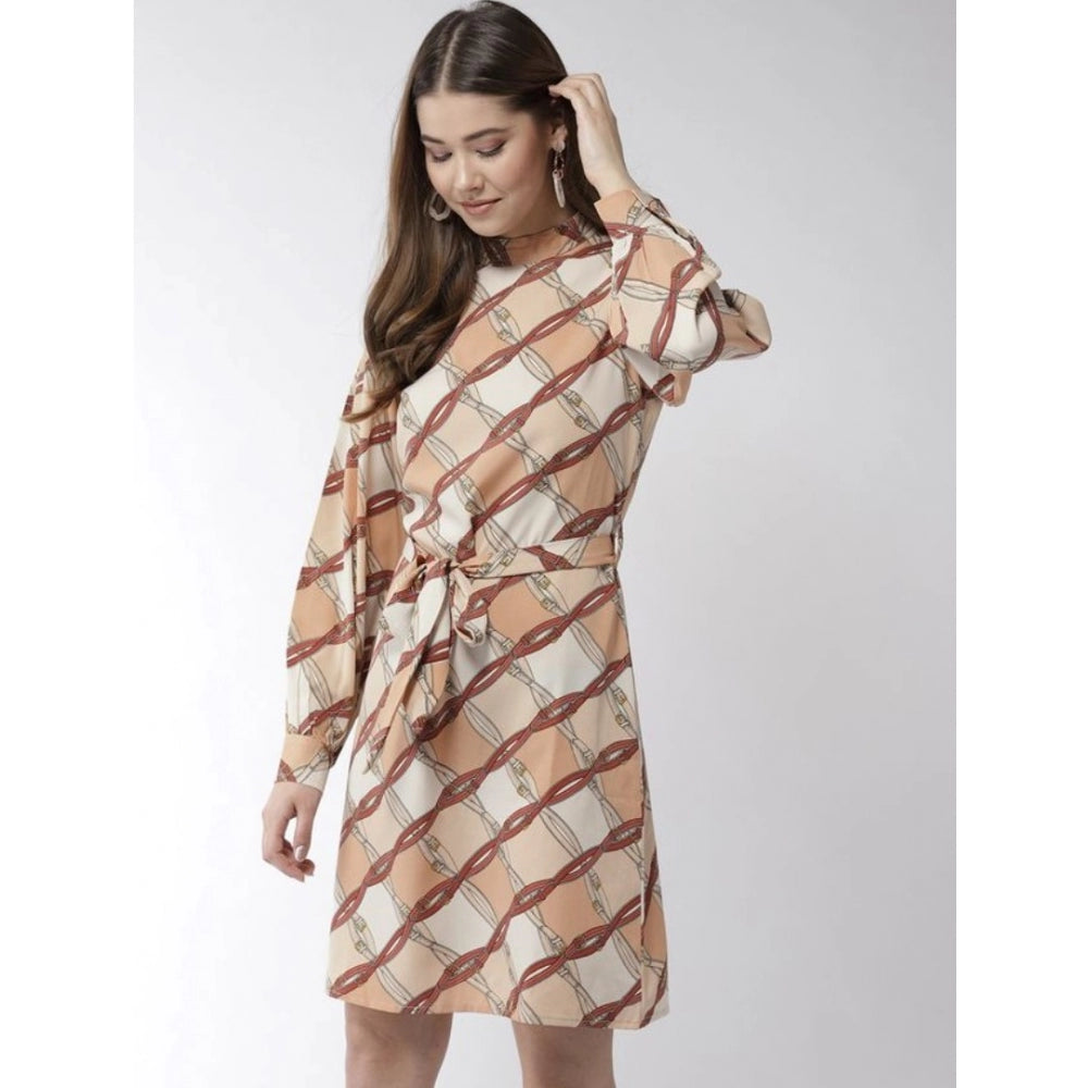 Indoraa Women's Polyester Checkered Long Sleeves Above Knee Dress (Off White - Brown)