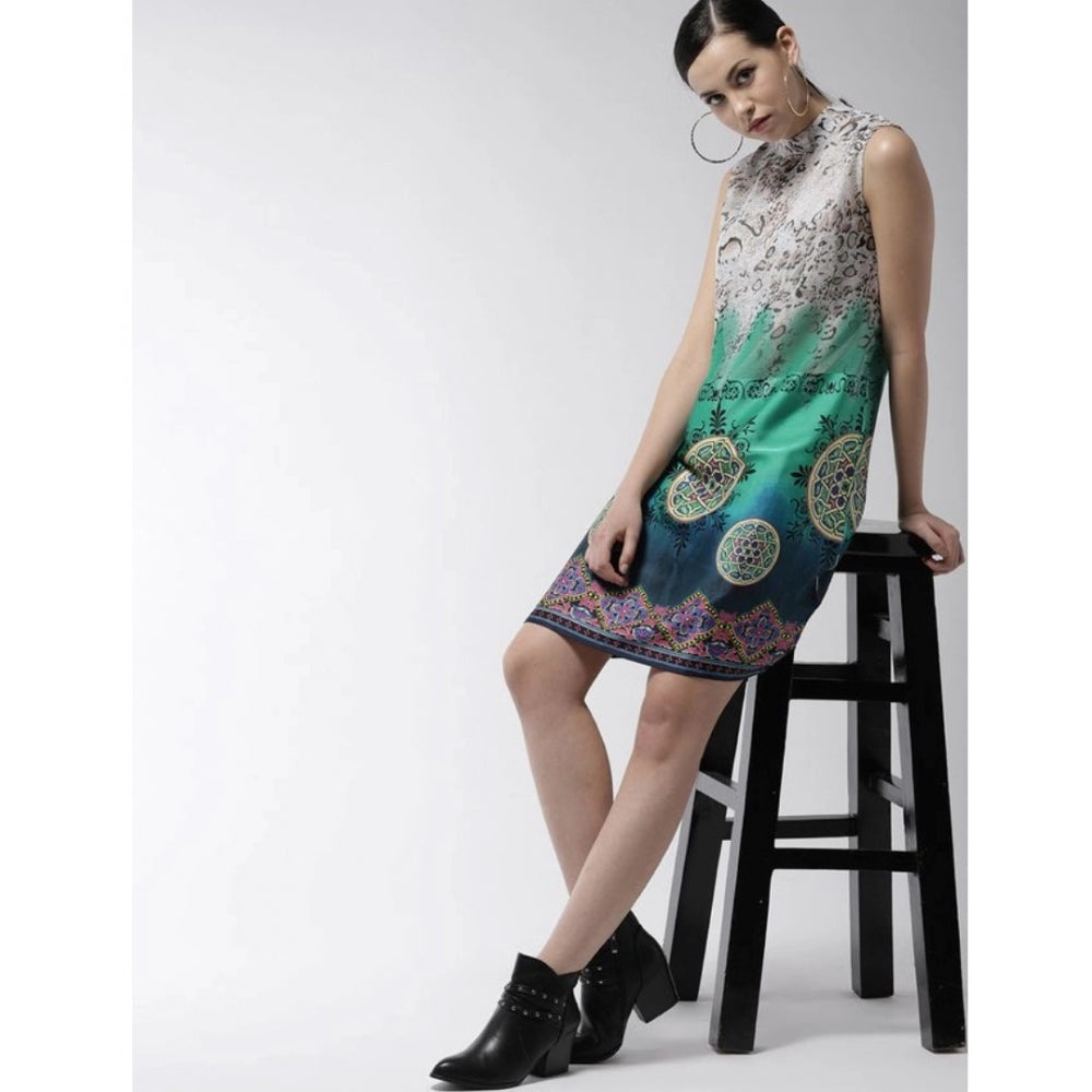 Indoraa Women's Polyester Printed Sleeveless Above Knee Dress (Multicolor)