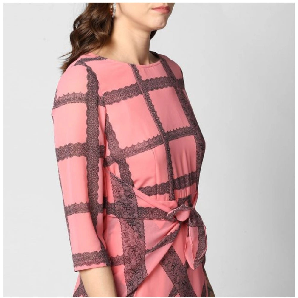 Indoraa Women's Polyester Checkered 3-4th Sleeves Below Knee Dress (Pink - Black)