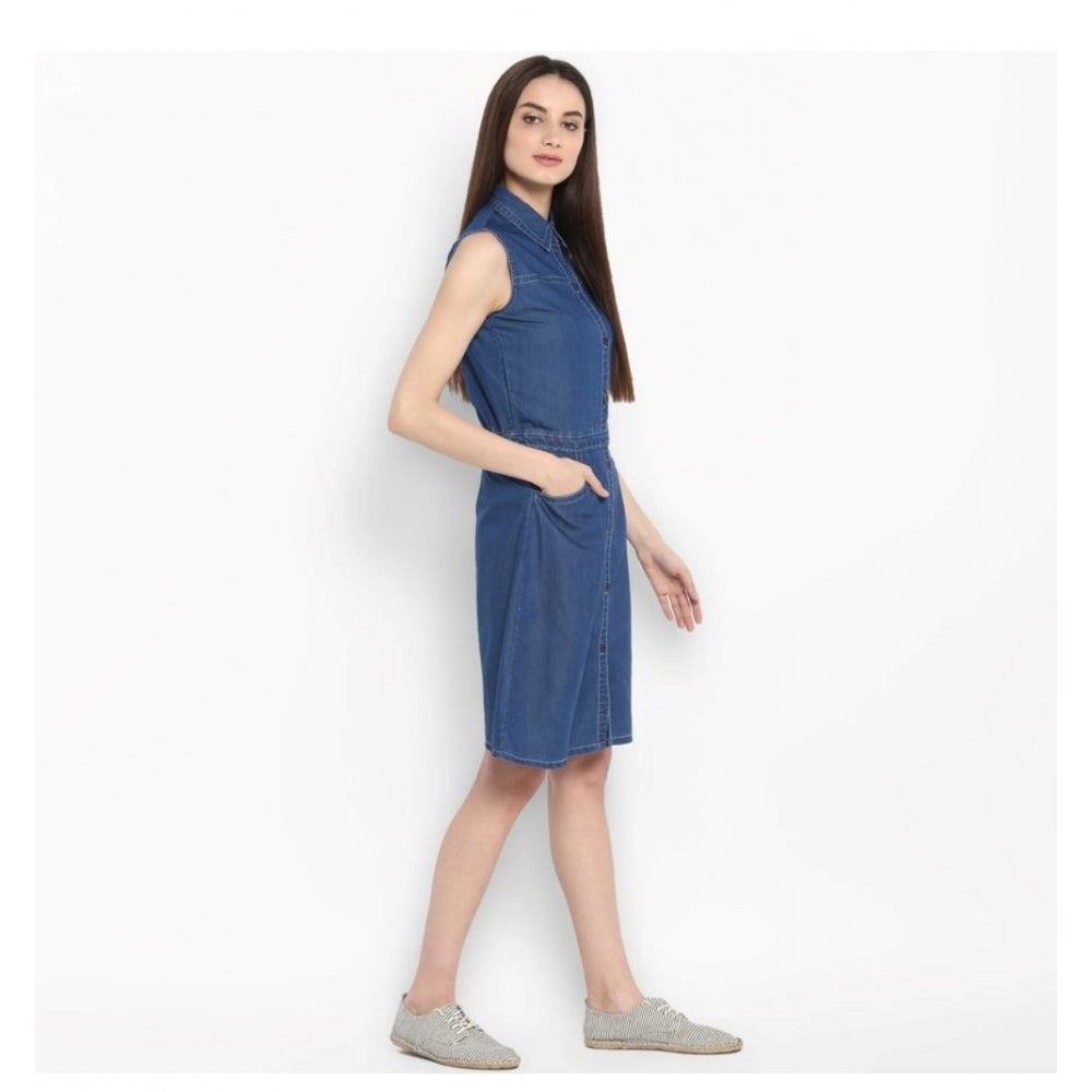 Indoraa Women's Denim Solid Sleeveless Above Knee Dress (Blue)