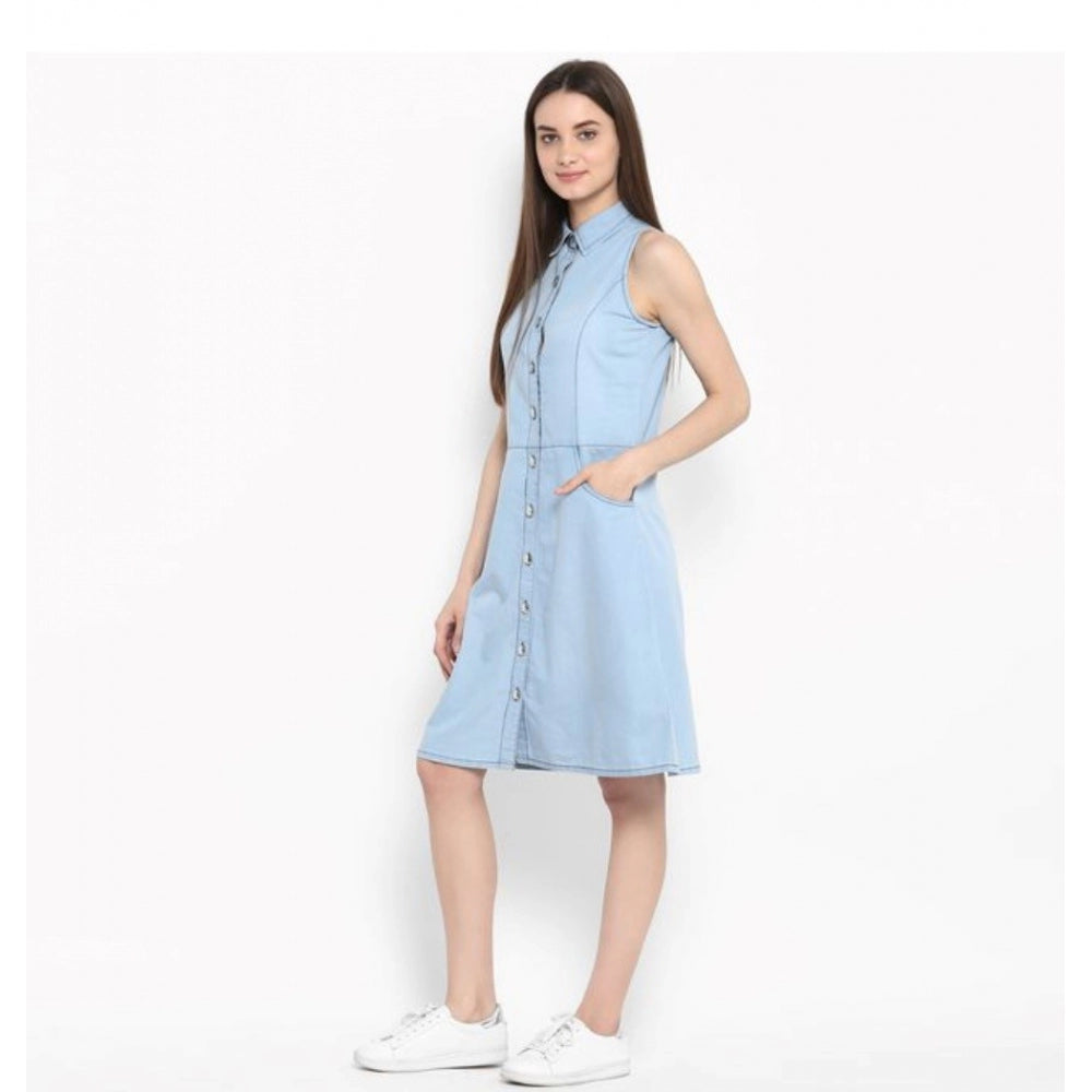 Indoraa Women's Denim Solid Sleeveless Below Knee Dress (Blue)
