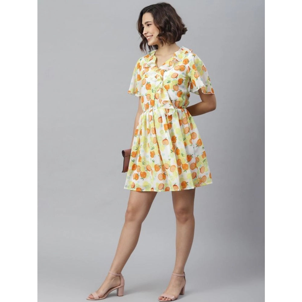 Indoraa Women's Polyester Printed Flutter Above Knee Dress (Yellow - Orange)