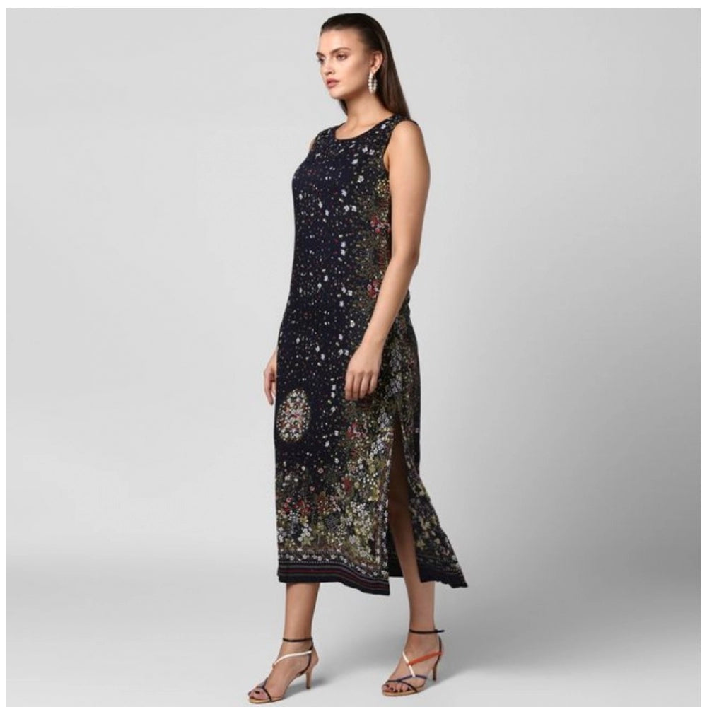 Indoraa Women's Rayon Floral Sleeveless Calf-length Dress (Black)
