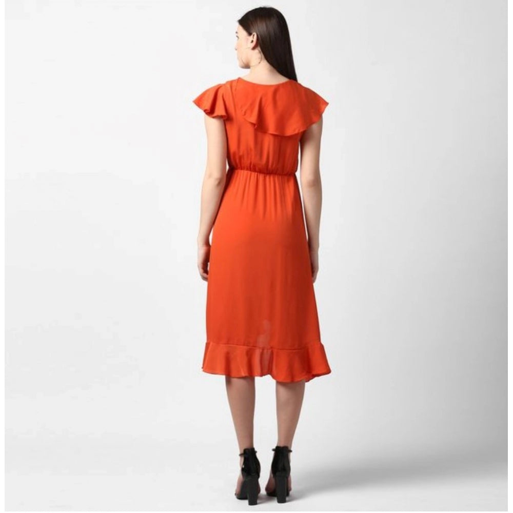 Indoraa Women's Polyester Ruffled Cap Sleeve Knee-Length Dress (Orange)