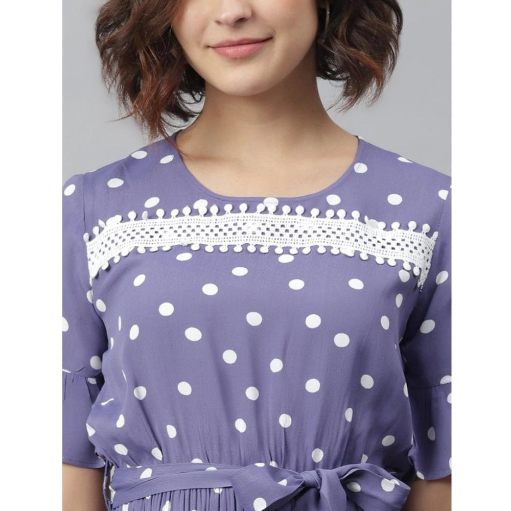Indoraa Women's Polyester Polka Bell Sleeve Above Knee Dress (Lavender)
