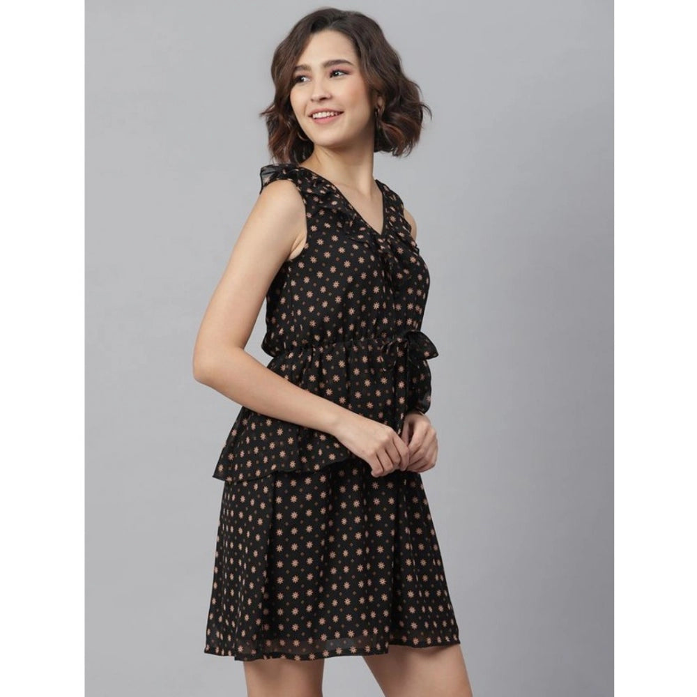 Indoraa Women's Polyester Peplum Sleeveless Above Knee Dress (Black)
