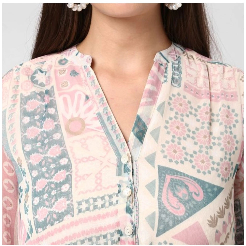 Indoraa Women's Polyester Printed Long Sleeves Above Knee Dress (Light Pink - Off White)