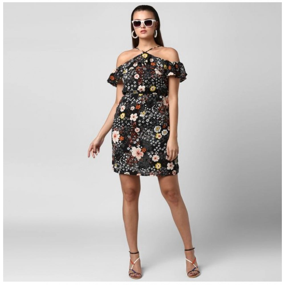 Indoraa Women's Polyester Floral Cold Shoulder Above Knee Dress (Black)