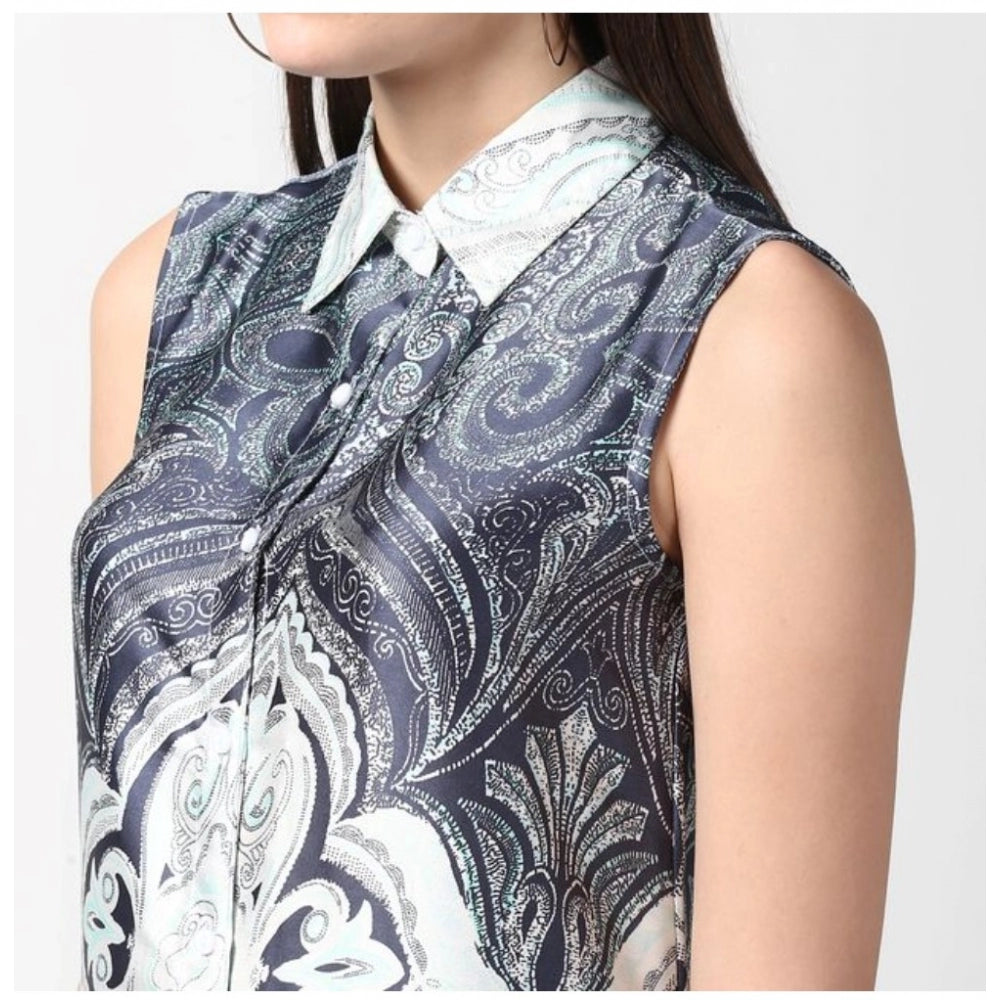 Indoraa Women's Polyester Printed Sleeveless Above Knee Dress (Blue)