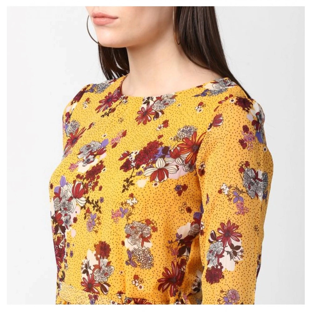 Indoraa Women's Polyester Floral Long Sleeves Calf-length Dress (Yellow)