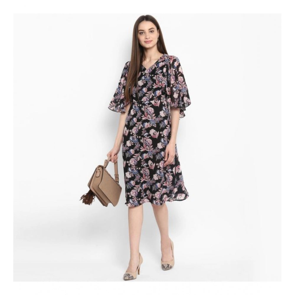 Indoraa Women's Polyester Floral Short Sleeve Knee-Length Dress (Black - Multicolor)
