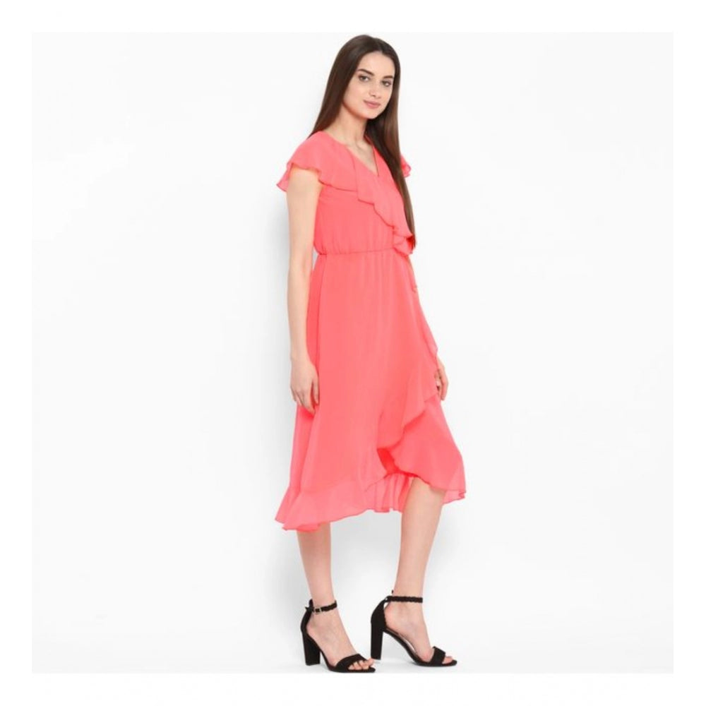 Indoraa Women's Polyester Ruffled Cap Sleeve Below Knee Dress (Coral Pink)