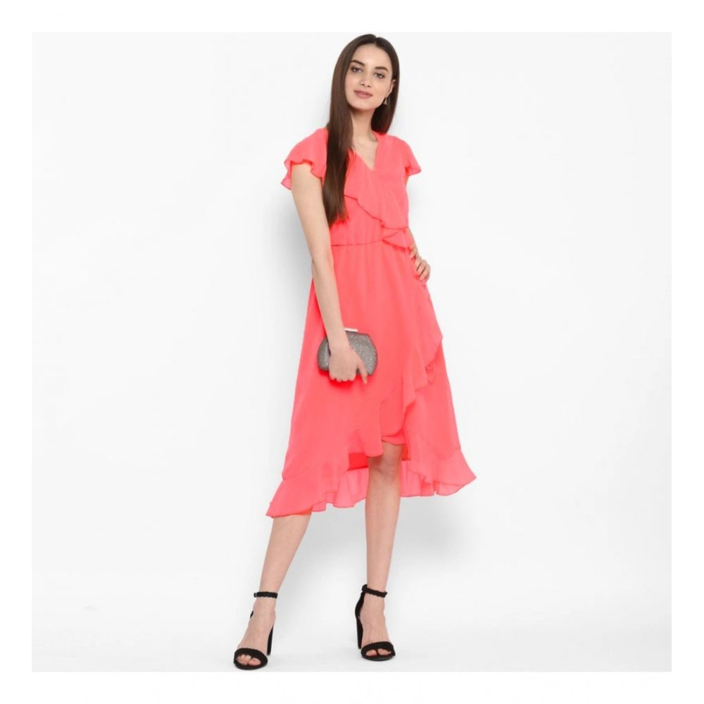 Indoraa Women's Polyester Ruffled Cap Sleeve Below Knee Dress (Coral Pink)