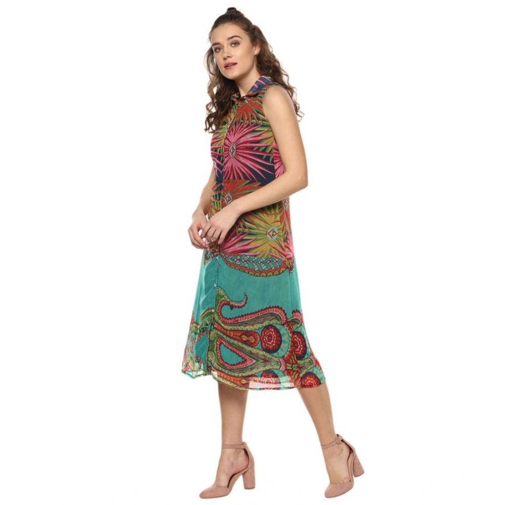 Indoraa Women's Polyester Floral Sleeveless Below Knee Dress (Multicolor)
