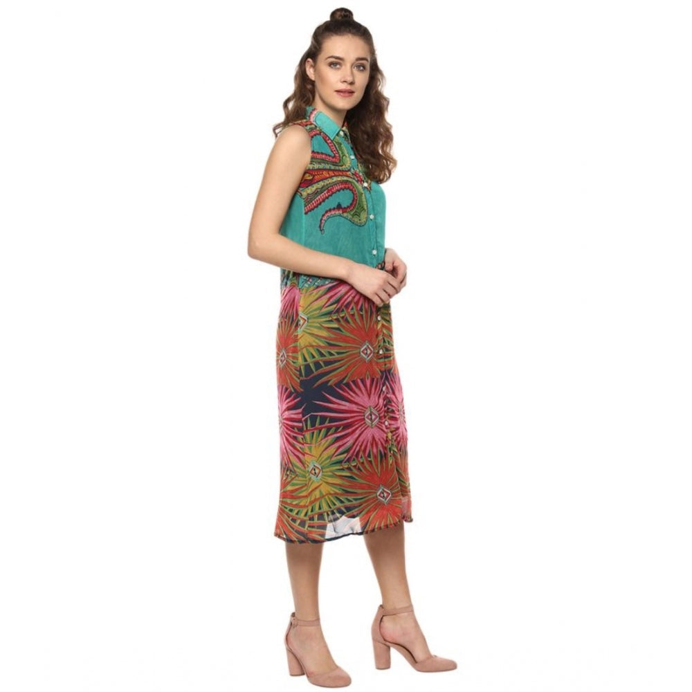 Indoraa Women's Polyester Floral Sleeveless Below Knee Dress (Multicolor)
