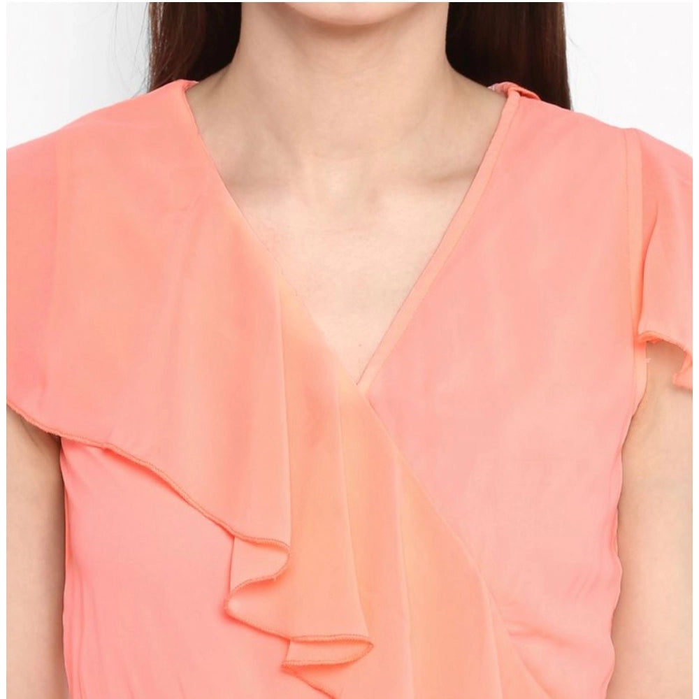 Indoraa Women's Polyester Ruffled Cap Sleeve Below Knee Dress (Neon Pink)