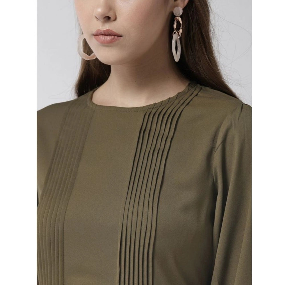 Indoraa Women's Polyester Pintuck Long Sleeves Below Knee Dress (Olive)