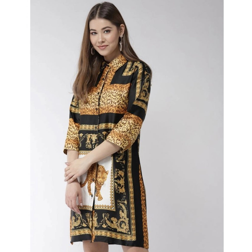 Indoraa Women's Satin Animal Print 3-4th Sleeves Above Knee Dress (White - Orange)
