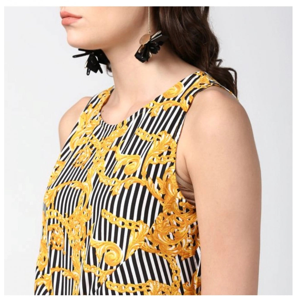 Indoraa Women's Polyester Chain Print Sleeveless Below Knee Dress (Yellow - Black)