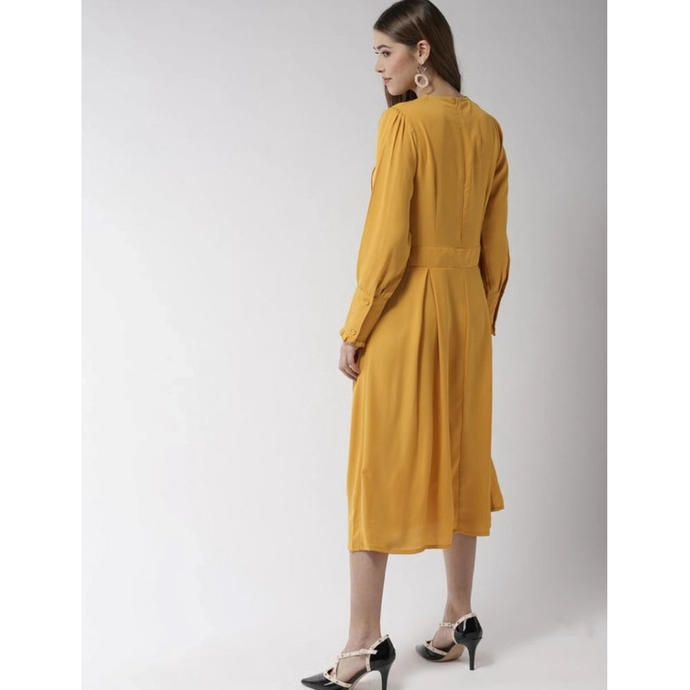 Indoraa Women's Polyester Pintuck Long Sleeves Below Knee Dress (Yellow)