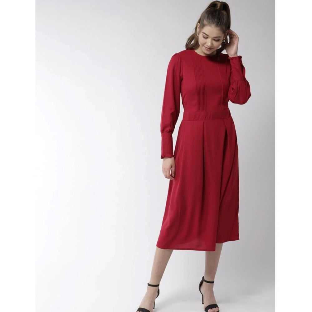 Indoraa Women's Polyester Pintuck Long Sleeves Below Knee Dress (Red)