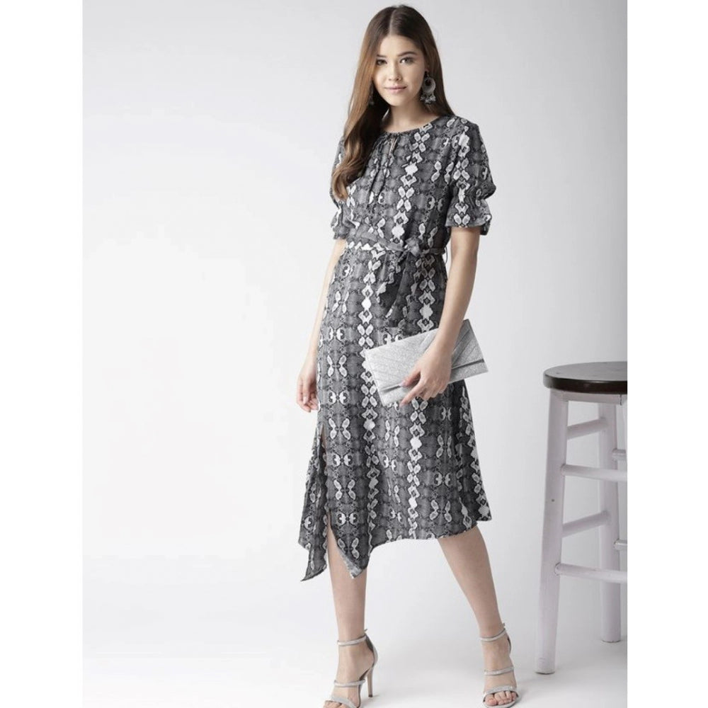 Indoraa Women's Polyester Animal Print Short Sleeve Knee-Length Dress (Black - White)