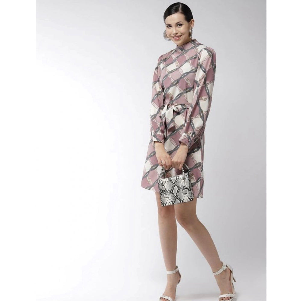 Indoraa Women's Polyester Checkered Long Sleeves Above Knee Dress (Off White - Lavender)
