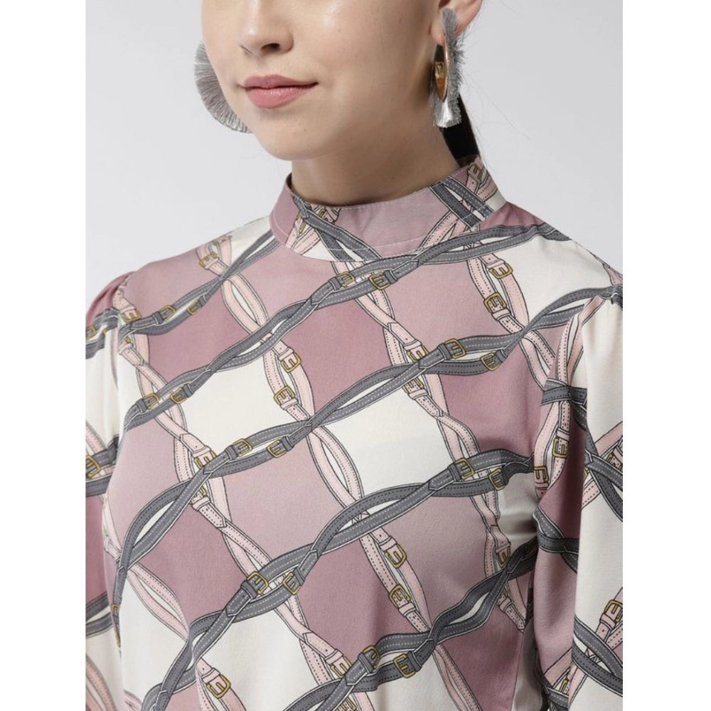 Indoraa Women's Polyester Checkered Long Sleeves Above Knee Dress (Off White - Lavender)
