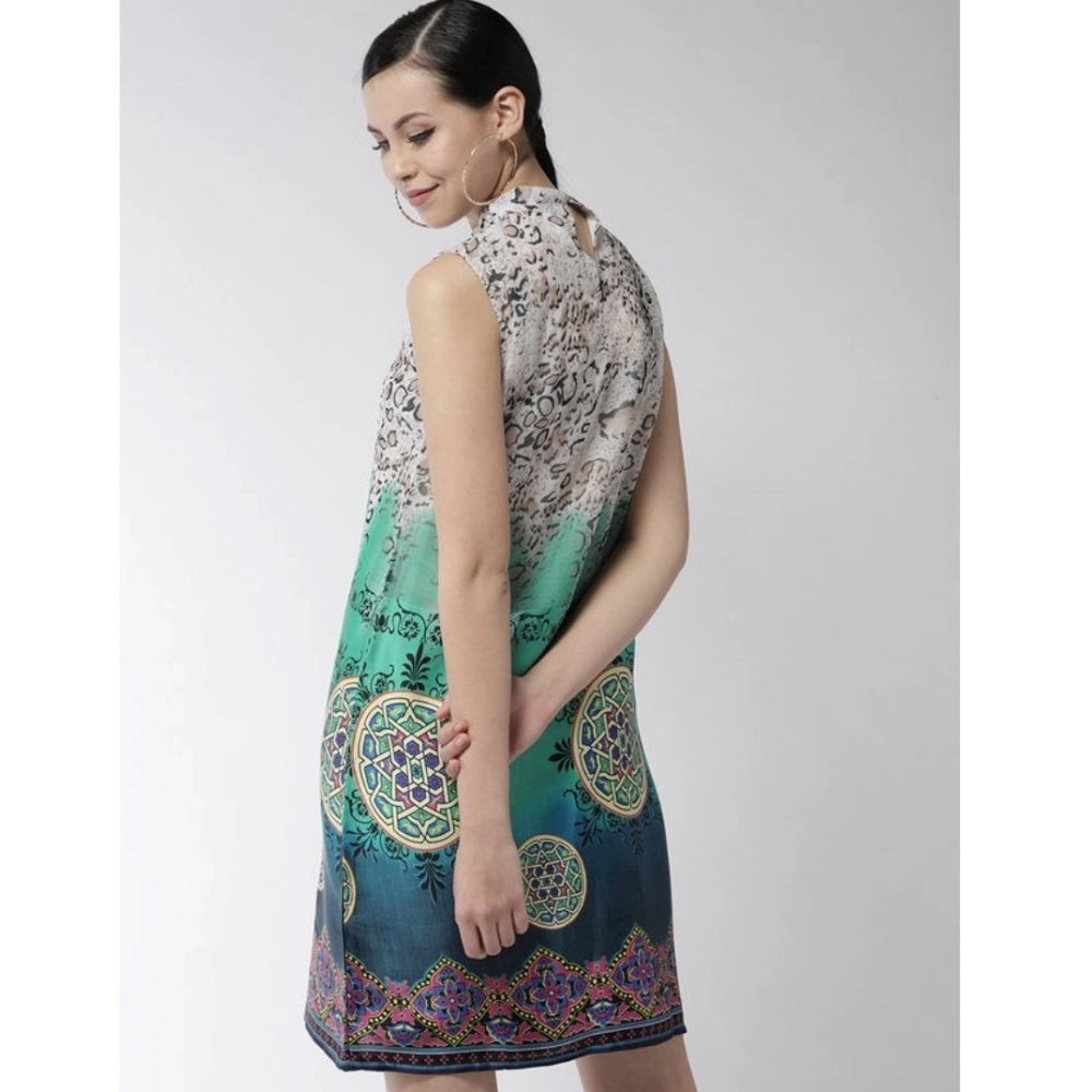 Indoraa Women's Polyester Printed Sleeveless Above Knee Dress (Multicolor)
