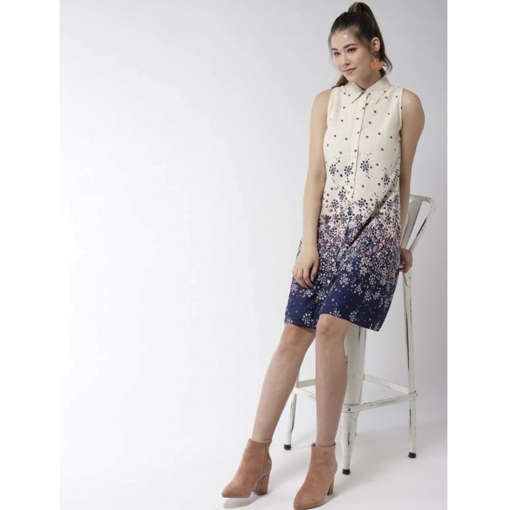 Indoraa Women's Polyester Floral Sleeveless Above Knee Dress (Cream)