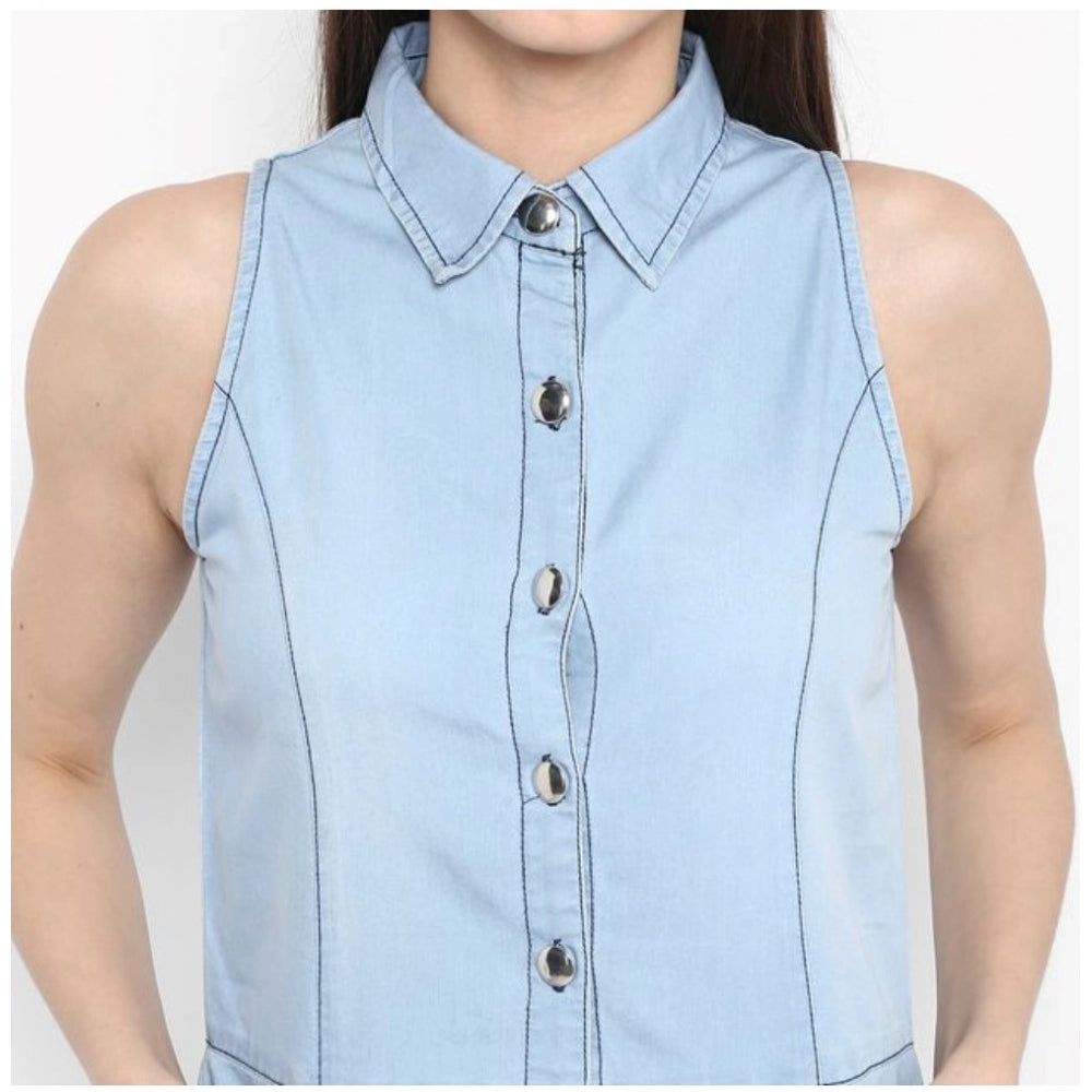 Indoraa Women's Denim Solid Sleeveless Below Knee Dress (Blue)