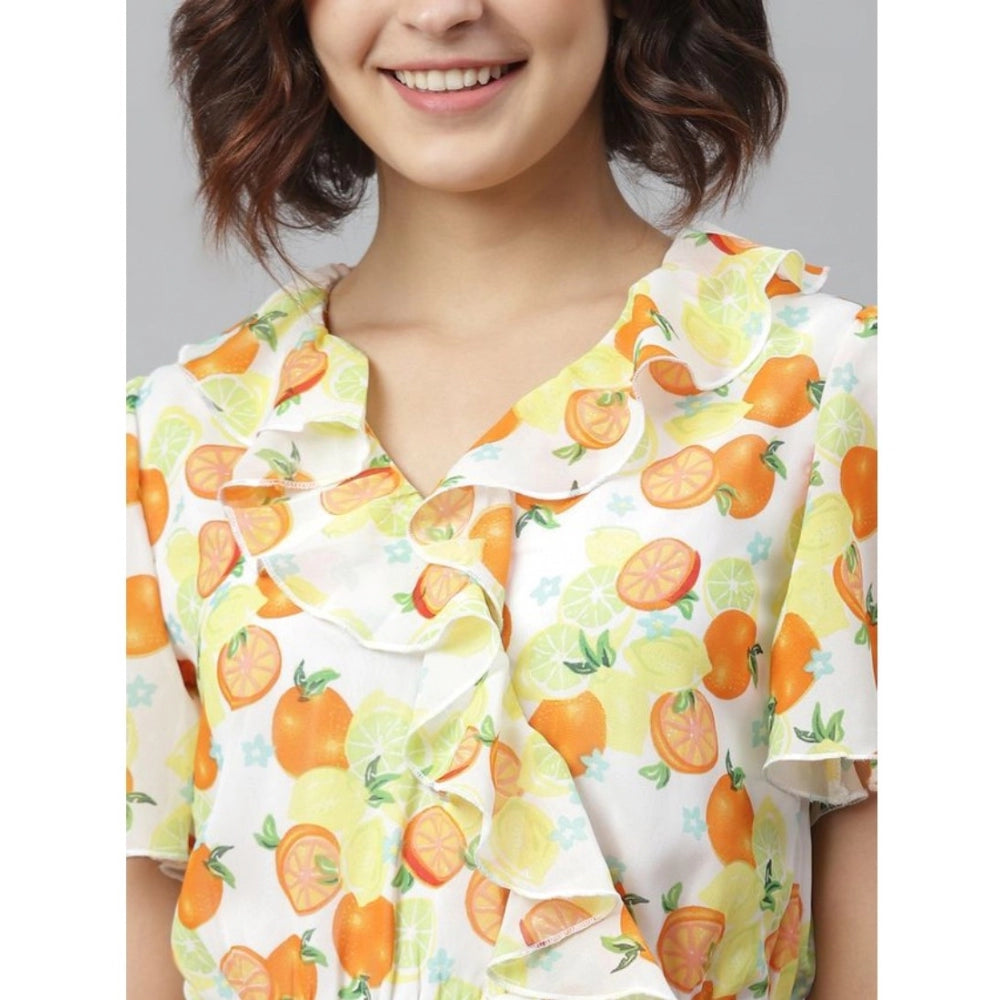 Indoraa Women's Polyester Printed Flutter Above Knee Dress (Yellow - Orange)