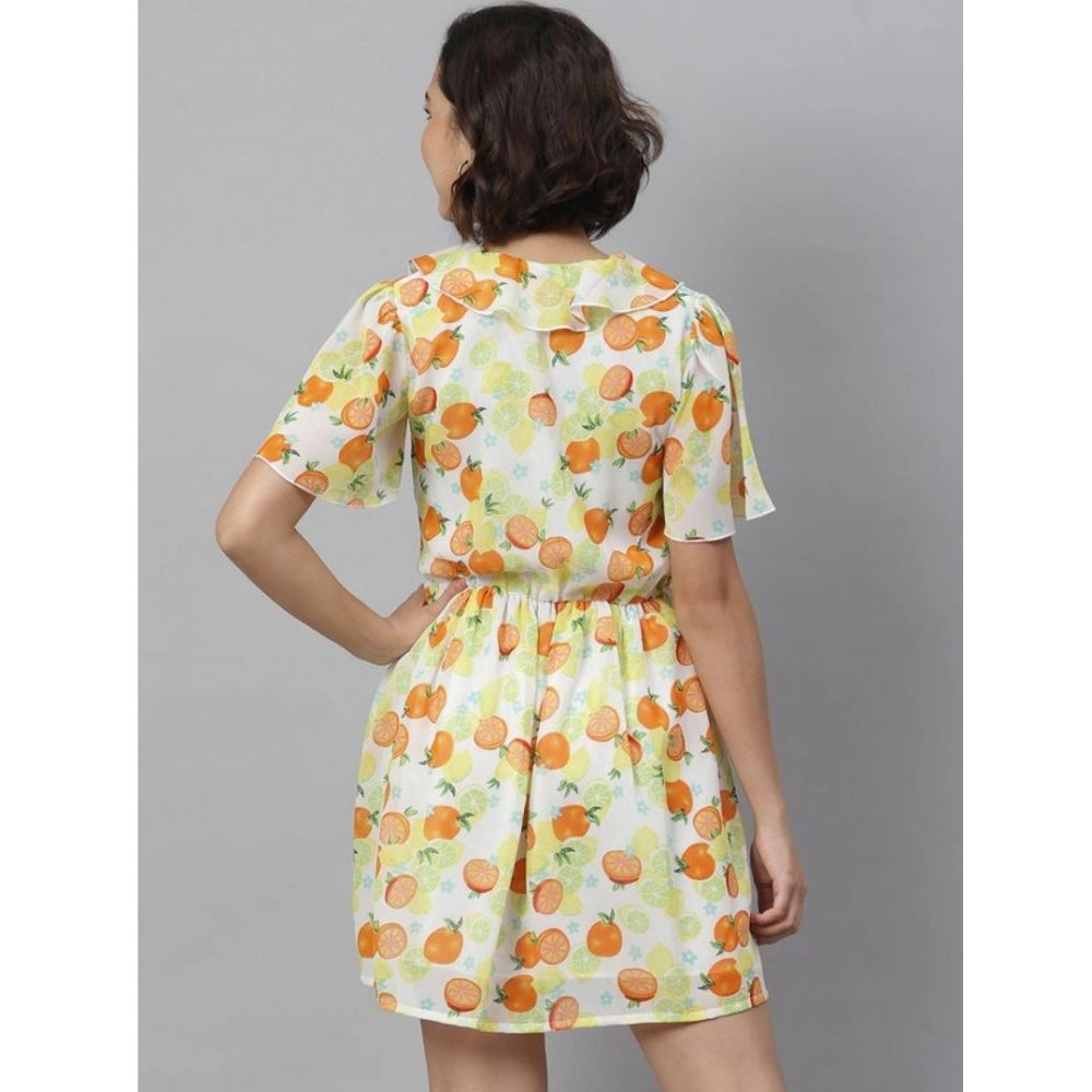 Indoraa Women's Polyester Printed Flutter Above Knee Dress (Yellow - Orange)