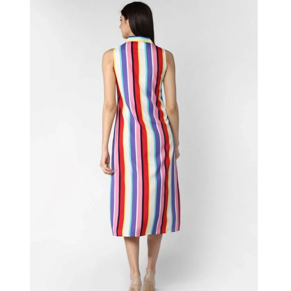 Indoraa Women's Polyester Striped Sleeveless Calf-length Dress (Multicolor)