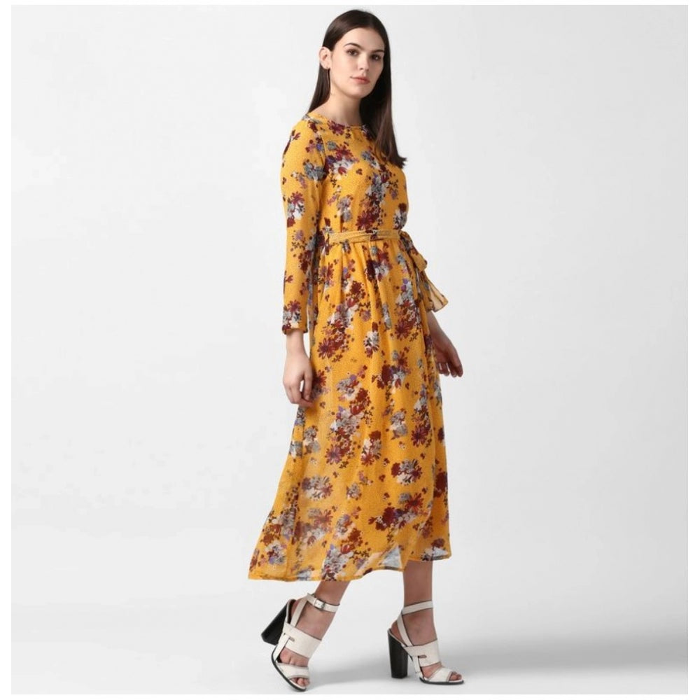 Indoraa Women's Polyester Floral Long Sleeves Calf-length Dress (Yellow)