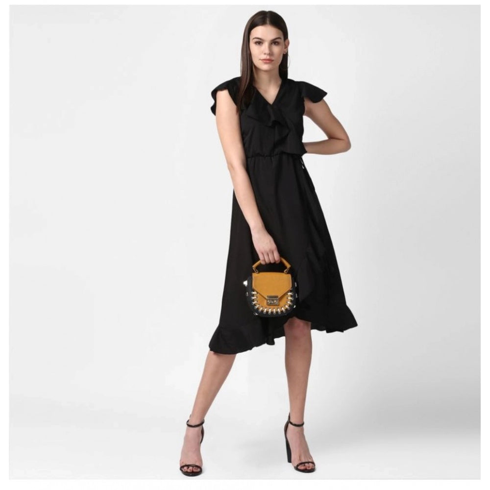 Indoraa Women's Polyester Ruffled Cap Sleeve Knee-Length Dress (Black)