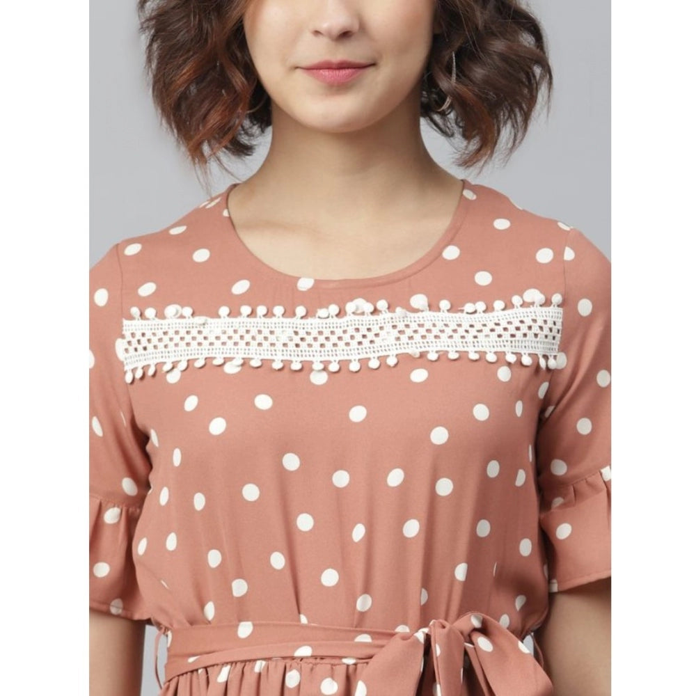 Indoraa Women's Polyester Polka Bell Sleeve Above Knee Dress (Brown)