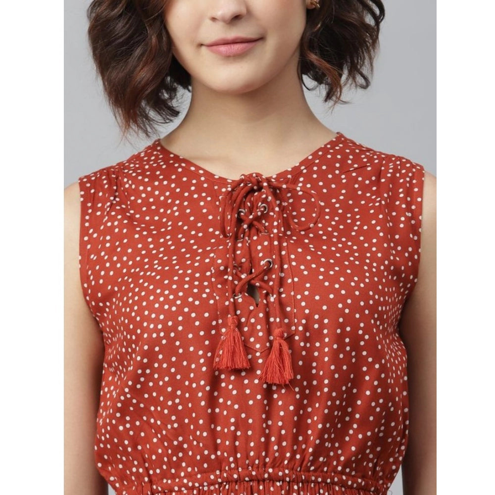 Indoraa Women's Rayon Polka Sleeveless Above Knee Dress (Rust)