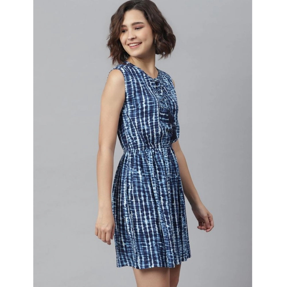 Indoraa Women's Rayon Tie & Dye Sleeveless Above Knee Dress (Blue)