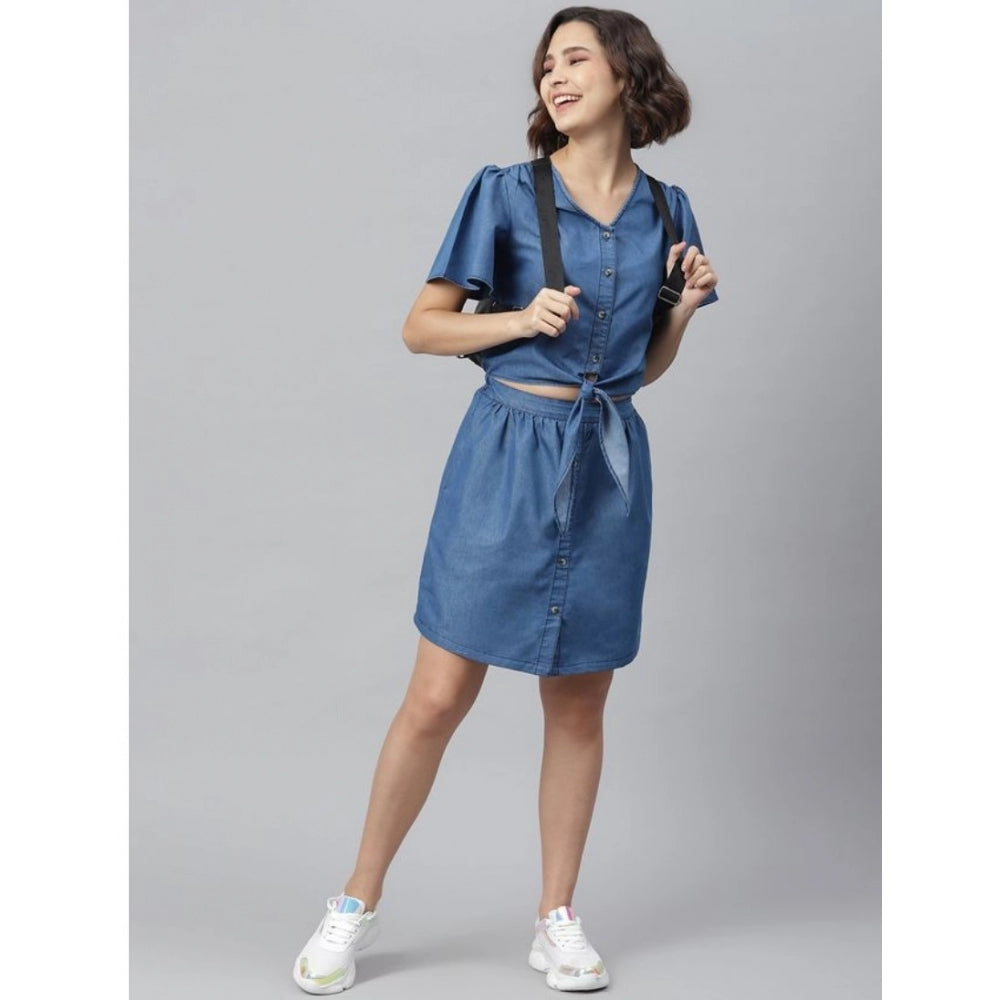 Indoraa Women's Denim Solid Flutter Above Knee Dress (Blue)