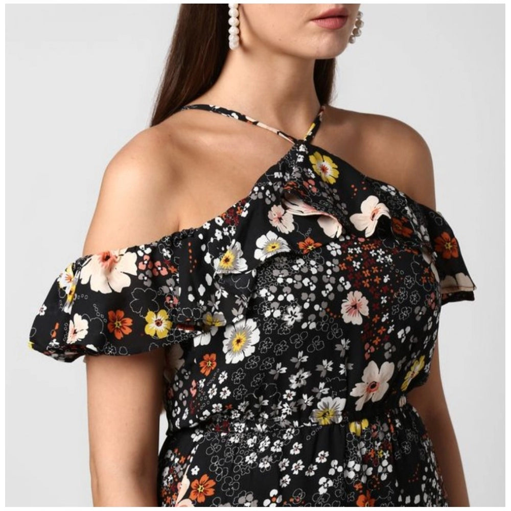 Indoraa Women's Polyester Floral Cold Shoulder Above Knee Dress (Black)