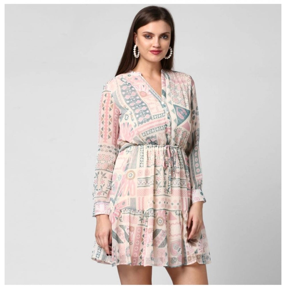 Indoraa Women's Polyester Printed Long Sleeves Above Knee Dress (Light Pink - Off White)