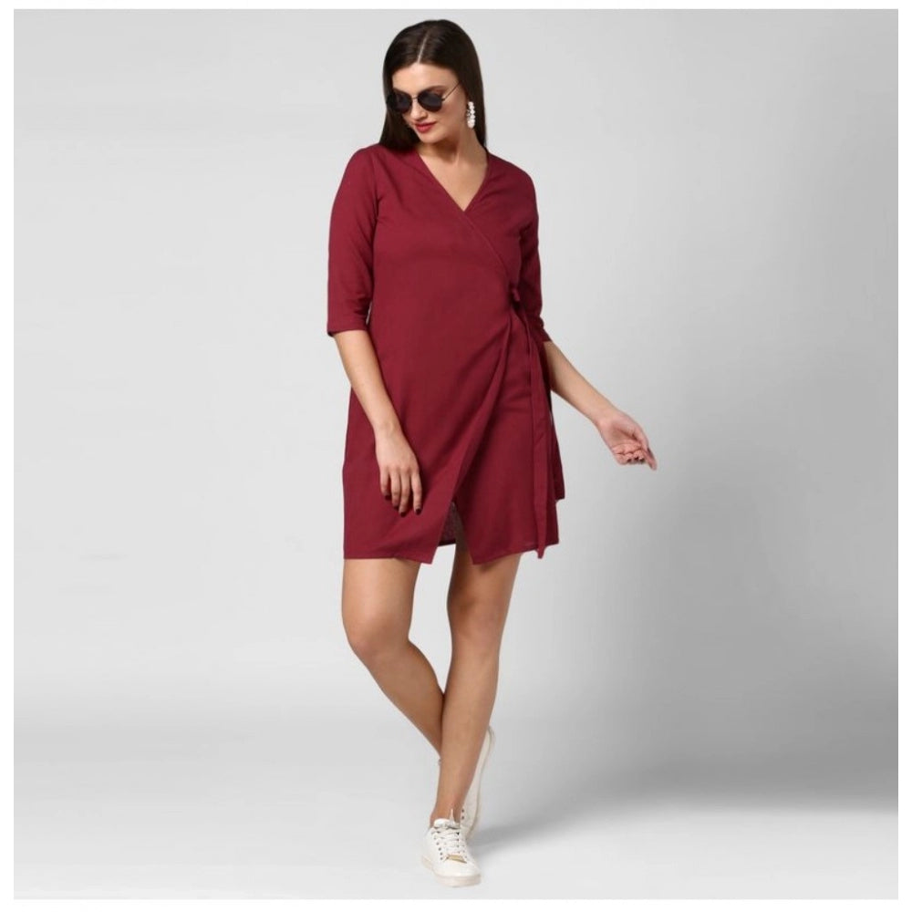 Indoraa Women's Cotton Solid 3-4th Sleeves Above Knee Dress (Maroon)