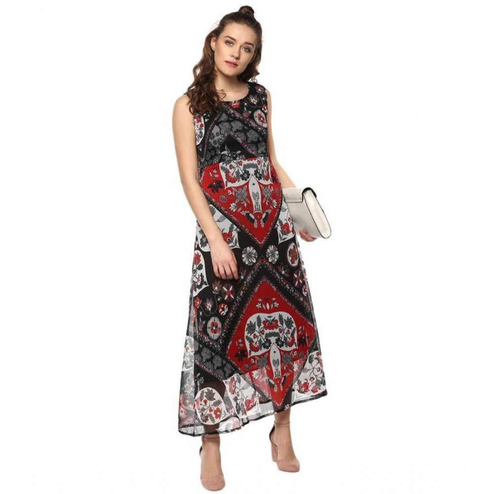 Indoraa Women's Polyester Printed Sleeveless Dress (Red - Black)