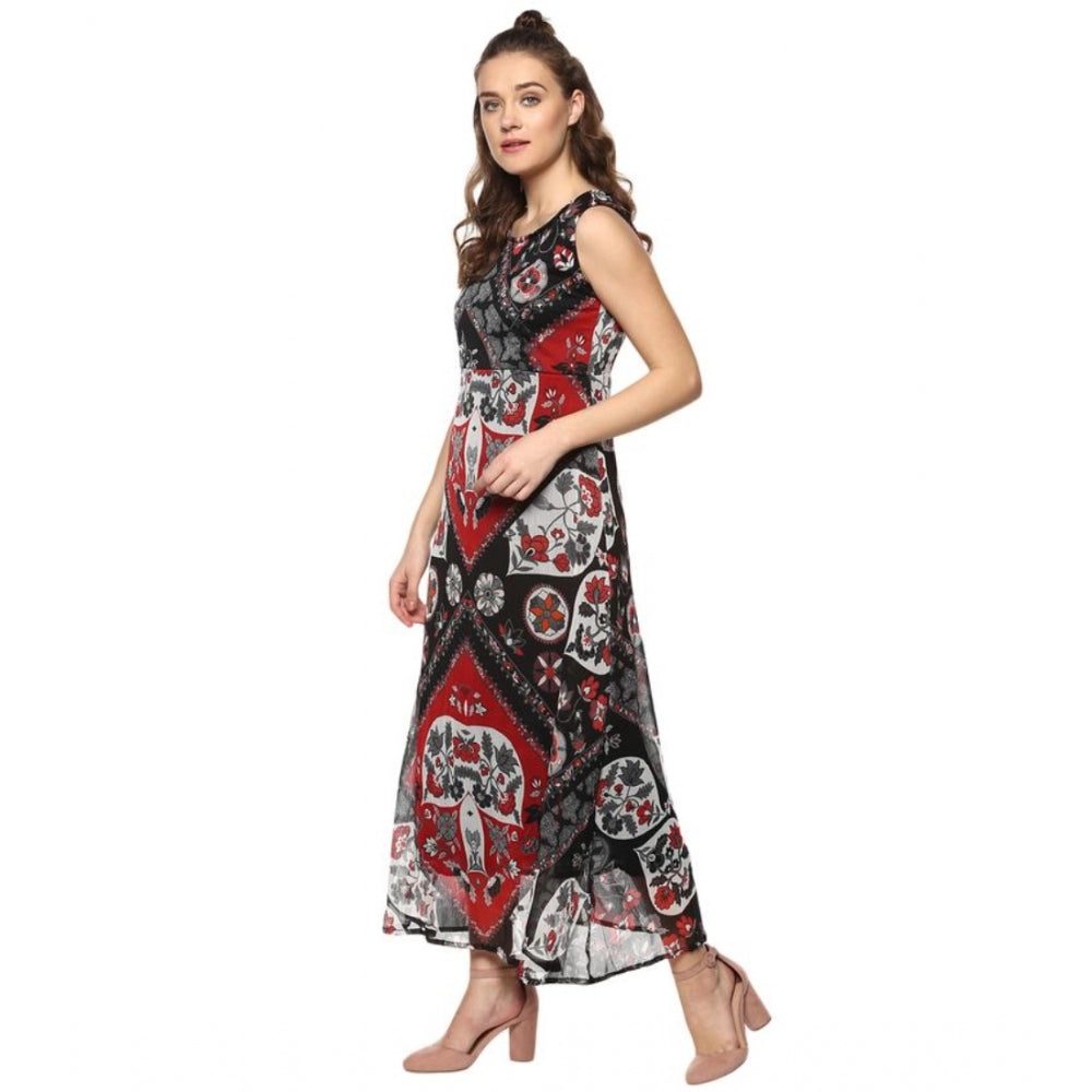 Indoraa Women's Polyester Printed Sleeveless Dress (Red - Black)