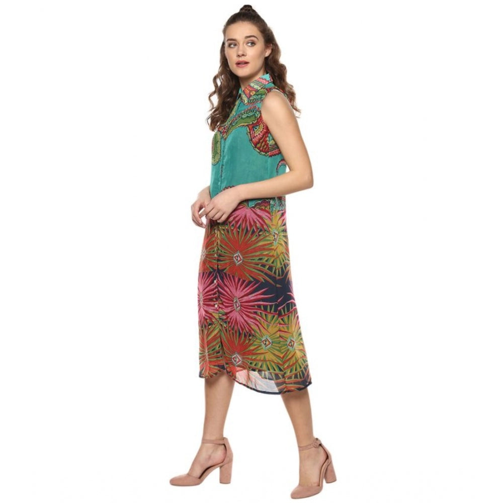 Indoraa Women's Polyester Floral Sleeveless Below Knee Dress (Multicolor)