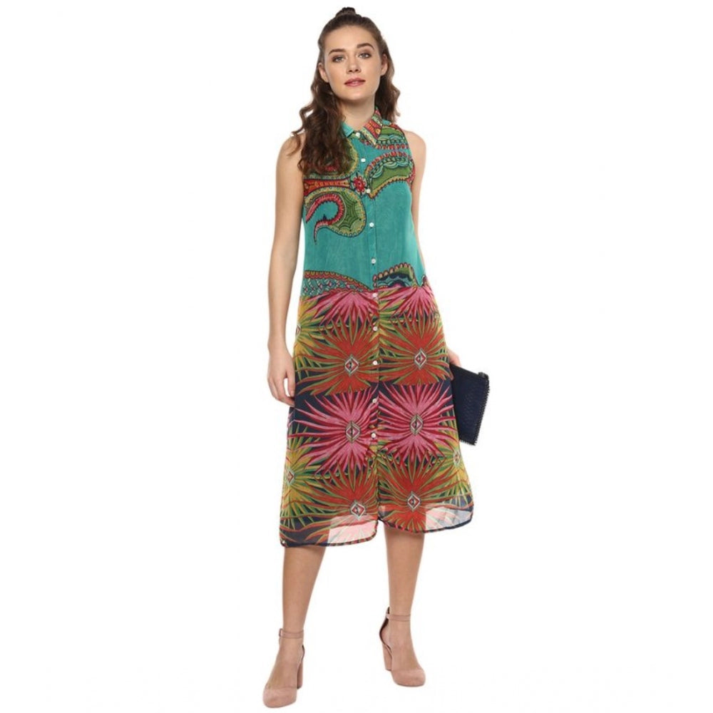 Indoraa Women's Polyester Floral Sleeveless Below Knee Dress (Multicolor)